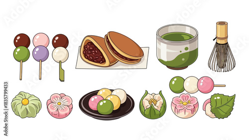 Discover stunning collection of traditional Japanese wagashi sweets paired perfectly with vibrant matcha tea service items