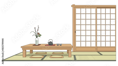 Serene Japanese tea ceremony setting with low table, cushions, and shoji screen awaits quiet contemplation