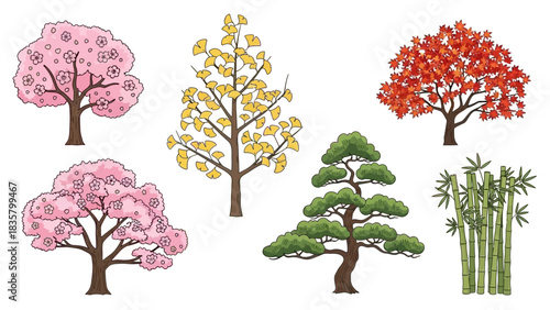 Stunning collection of iconic Japanese trees featuring vibrant cherry blossom maple ginkgo pine and bamboo elements