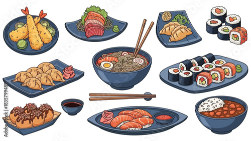 Delicious assortment of colorful Japanese cuisine favorites like sushi ramen tempura and gyoza ready to serve