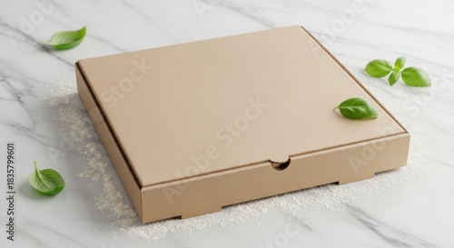Wallpaper Mural A brown pizza box sits on a white marble surface surrounded by green leaves and scattered flour. Torontodigital.ca
