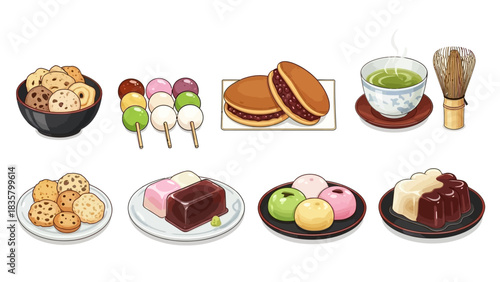 Vibrant collection of delicious traditional Japanese sweets and matcha tea set for cultural promotion