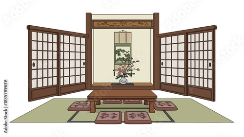 Serene traditional Japanese room setup featuring shoji screens and elegant flower arrangement for cultural design projects