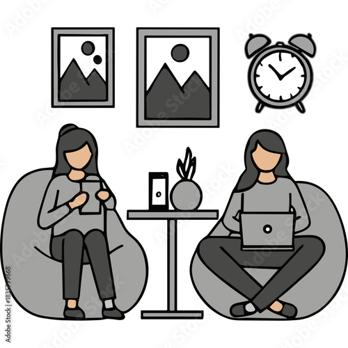 Two women relaxing in beanbag chairs in a modern room two women one on a laptop and the other reading a book with wall art and a clock in the background