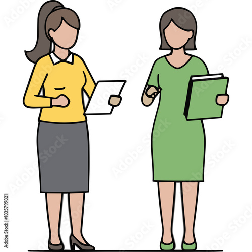 Two women stand facing each other holding papers in a professional setting yellow sweater and grey skirt paired with green dress and document folder communication concept illustration