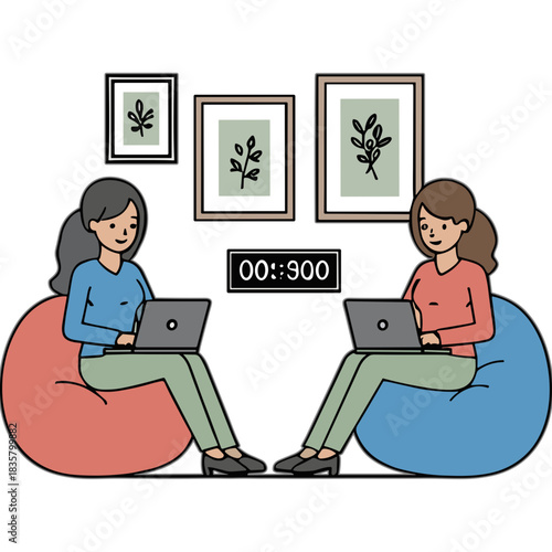 Two Women Working on Laptops While Sitting on Beanbag Chairs in a Cozy Room with Botanical Art on the Walls and Soft Lighting Creating a Collaborative Atmosphere