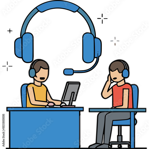 Two Young Men Wearing Headphones And Sitting At Desks With A Laptop Computer And A Microphone In A Brightly Lit Room