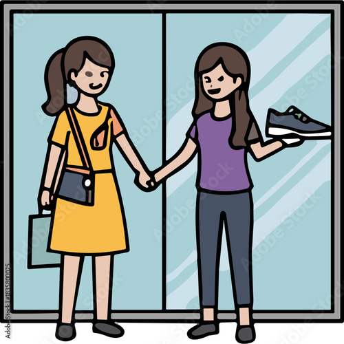 Two young women friends holding hands outside a store one holding a shopping bag the other a shoe in a clean modern minimalist graphic illustration style with a blue glass background