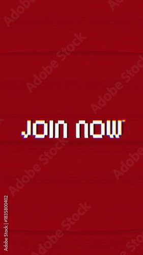 Join Now appears in a bold 4K animation with a dynamic glitch effect. Ideal for call-to-action promos, marketing campaigns, social media ads, and dynamic digital visuals.