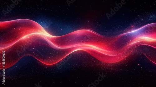 Glowing red and pink fluid wave patterns flowing smoothly against a dark starry background, evoking a sense of cosmic energy and dynamic motion