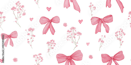 Delicate watercolor seamless pattern with pink bows, hearts, and baby's breath flowers for wedding stationery and fabrics.