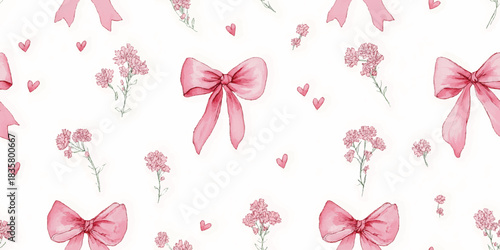 Delicate watercolor seamless pattern with pink bows, hearts, and baby's breath flowers for wedding stationery and fabrics.