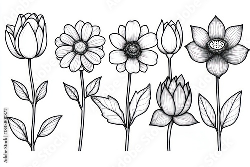 Detailed black and white line drawing of six different stylized flowers with petals and leaves arranged in a row