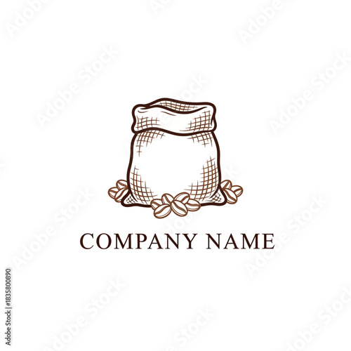 Rustic burlap bag and coffee beans sketch logo design.