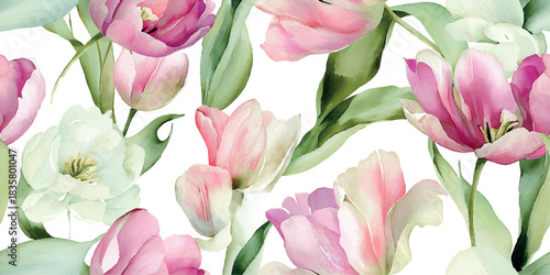 Watercolor floral pattern with lush pink and white spring tulips for textiles, fabrics, wedding stationery, and home decor.