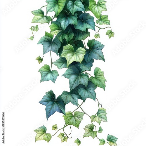 Green ivy leaves cascading downward with varying shades of green and detailed veins against a white background