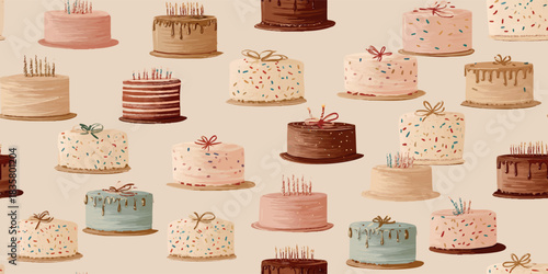 Sweet vector pattern of layered birthday cakes with confetti and frosting drizzle in soft pastel and chocolate tones for wrapping paper.