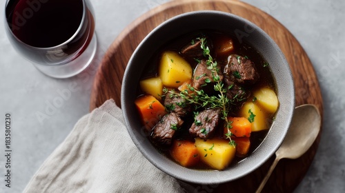 Hearty beef stew with chunks of carrot and potato, garnished with fresh thyme, served in a rustic bowl on a wooden board with a glass of red wine.