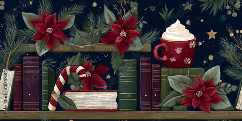 Christmas vector pattern featuring festive poinsettias, hot cocoa, and candy canes on a cozy holiday bookshelf for wrapping paper and textiles.