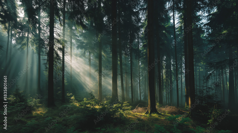 Fototapeta premium Sunbeams shining through misty forest in the morning