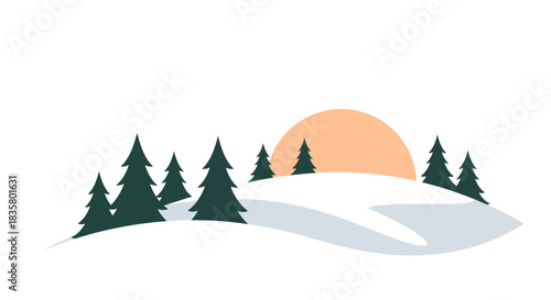 Winter wonderland sunset over snowcovered hills with evergreen trees
