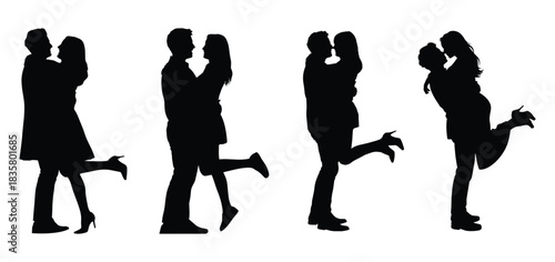 Silhouettes of couples embracing, Romantic Couple Silhouette, A silhouette a man lifting a woman in his arms, A silhouette of a man holding a woman, Vector illustration