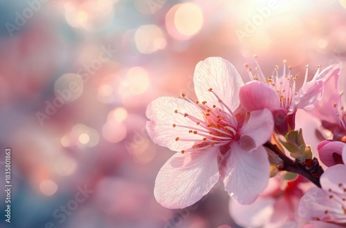 Close-up of delicate pink cherry blossom flowers illuminated by soft sunlight with a dreamy blurred background