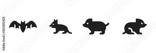 Set of various minimalist animal icons, collection of cute wild creature vectors, simple black outline illustration