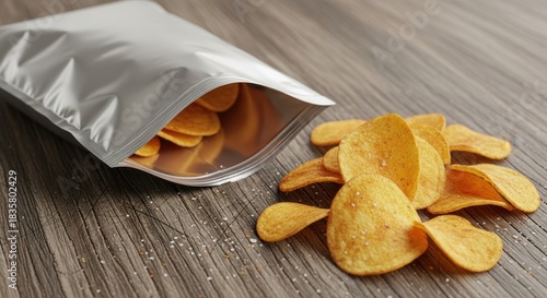 Wallpaper Mural A silver bag of potato chips spills its contents onto a wooden table. Torontodigital.ca