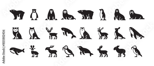 Set of arctic and forest animals, cute wildlife vector collection, simple black outline illustration isolated on white