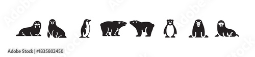 Set of minimalist arctic animal icons, collection of cute polar creature vectors, simple black outline illustration