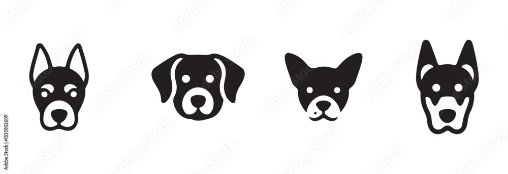 Fototapeta premium Compilation of four distinct black and white dog breed vector icons presented on a white background