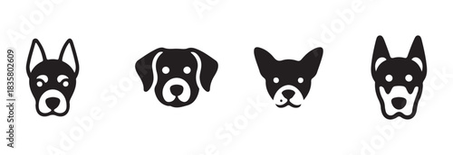Compilation of four distinct black and white dog breed vector icons presented on a white background
