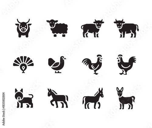 Comprehensive grid of twelve black and white vector icons featuring various farm animals in flat design style