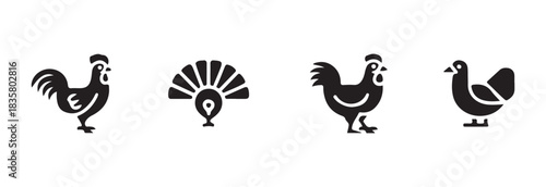 Farm bird vector icon set. collection of animals such as rooster, chicken, turkey, and duck illustrations
