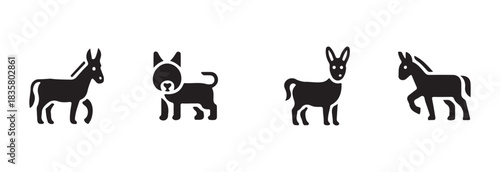 Donkey vector icon set. collection of domestic animals in black silhouette on white background