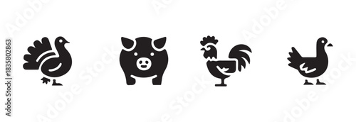 Farm animals vector icon set. collection of poultry and domestic pig illustrations in black silhouette