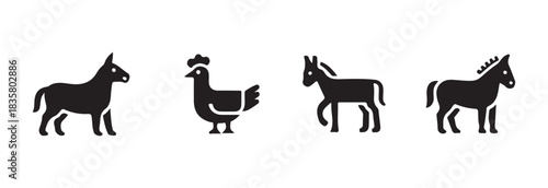 Farm animals set black silhouettes. Donkey, chicken, mule, and horse icons. Domestic creatures vector illustration