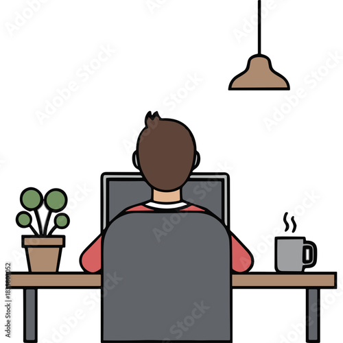 Person Sitting At A Desk Working On A Computer With A Plant And Coffee Mug In A Room Lit By A Pendant Light