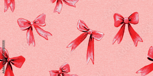 Red and white painted ribbon bows seamless pattern with a distressed texture on a pink background for wrapping paper and fabrics.