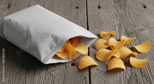 Wallpaper Mural A white bag of potato chips spills onto a rustic wooden table with several chips falling out. Torontodigital.ca