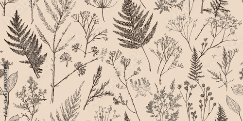 Vintage monochrome seamless pattern of delicate hand-drawn fern leaves and dried meadow plants for fabrics, stationery, and home decor.