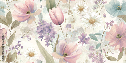 Elegant watercolor floral seamless pattern of tulips, daisies, and lavender in soft pastel tones for luxury textiles and wedding branding.