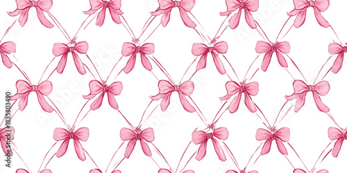 Watercolor ribbon bows seamless pattern in bright pink arranged in a diamond trellis design for feminine fabrics, wallpapers, and stationery.