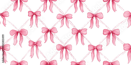 Watercolor ribbon bows seamless pattern in bright pink arranged in a diamond trellis design for feminine fabrics, wallpapers, and stationery.
