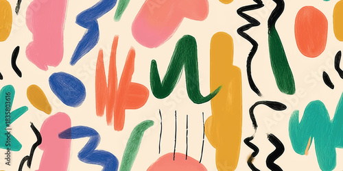 Abstract modern seamless pattern of painted colorful brushstrokes and geometric shapes for trendy fabrics, design, and branding.