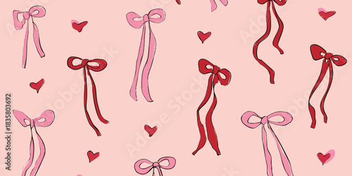 Hand-sketched ribbon bows and small heart doodle seamless pattern in pink and red on a blush background for feminine stationery and fabrics