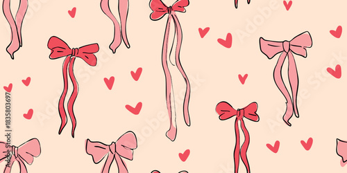 Hand-sketched ribbon bows and small heart doodle seamless pattern in pink and red on a blush background for feminine stationery and fabrics