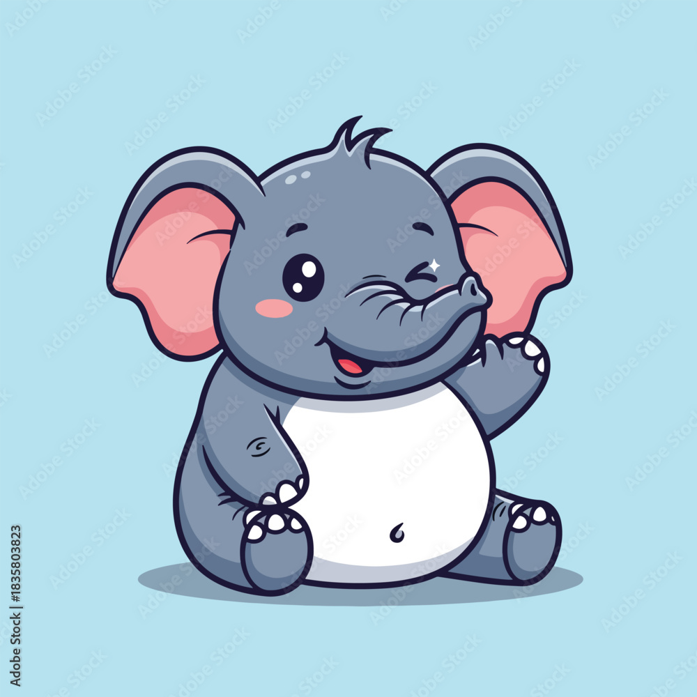 Fototapeta premium Adorable grey cartoon baby elephant winking and waving happily.