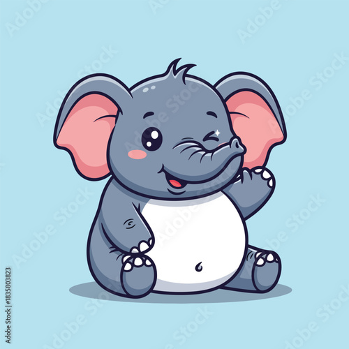 Adorable grey cartoon baby elephant winking and waving happily.